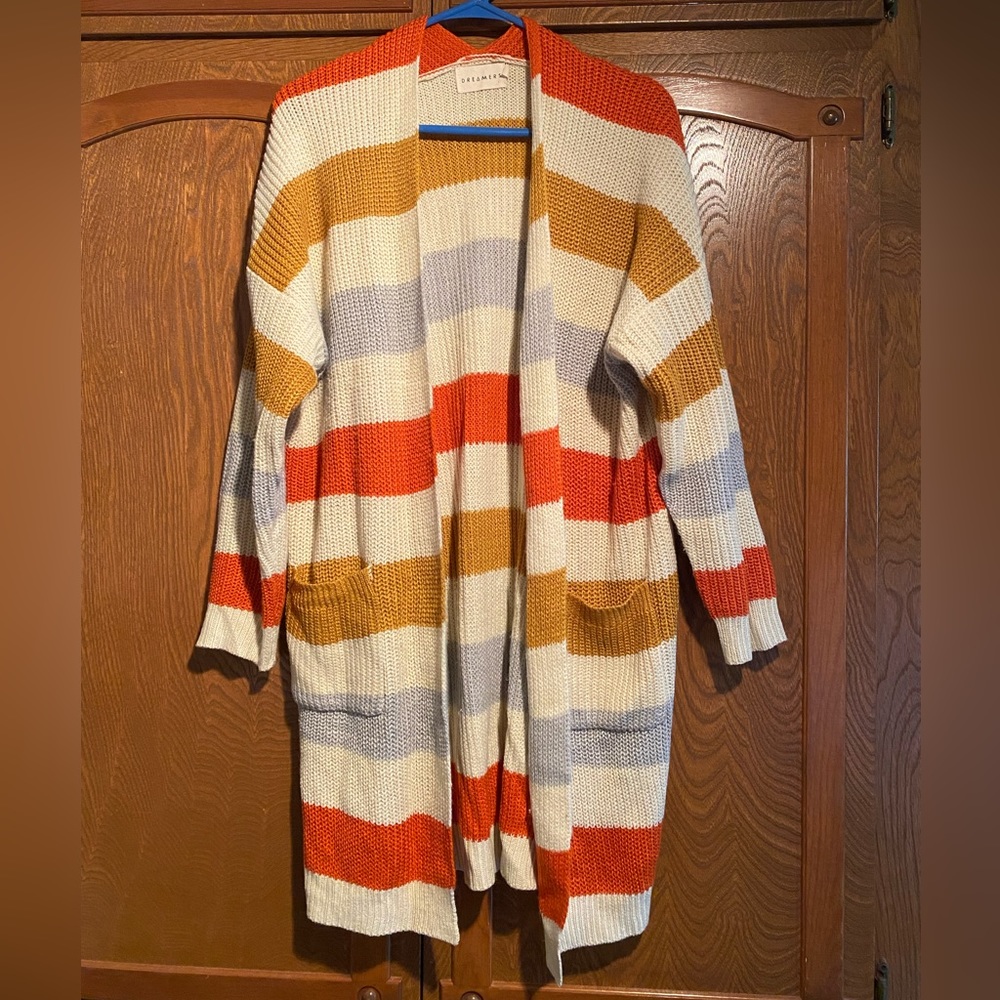 Women’s Open Front Knit Cardigan (Cream/Orange/Blue/Mustard)